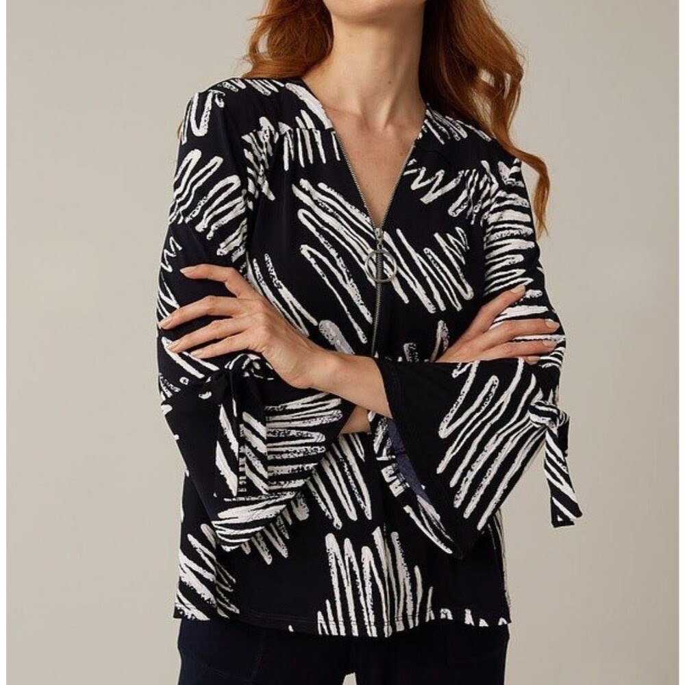 Joseph Ribkoff Midnight Blue / Vanilla Zip-Up Printed Top Style 221190 Size 18